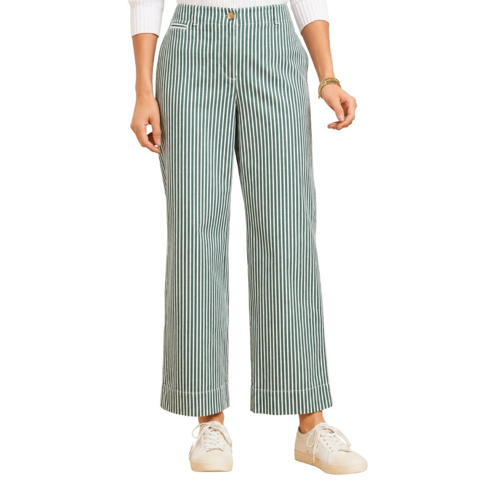 Talbots Pants Size 16 Green White Striped Wide Leg Ankle High Rise Cotton Lined